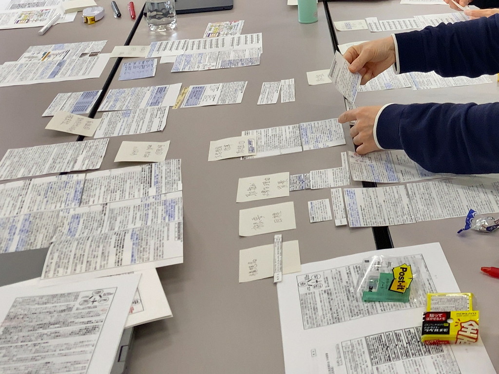 写真3：ワーク1での資料切り分け作業の様子